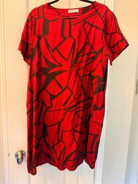 Silk Red Abstract Print Short Sleeve Women’s Dress